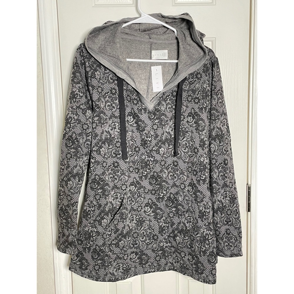 Livi Active Lane Bryant Grey Floral Lace Print Hoodie Sweatshirt 18/20 NWT